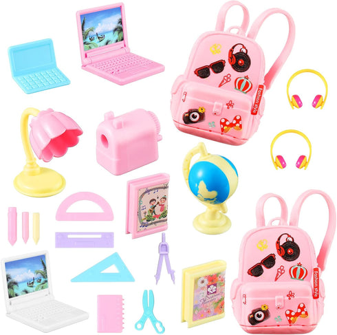 Zhanmai 21 Pieces Doll School Stuff, Mini School Supplies Playset for 11.5 Inch Dolls, Pink Backpack