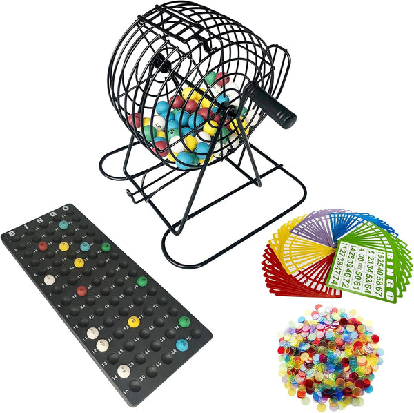 Yuanhe Deluxe Bingo Games Set - Metal Cage with Calling Board, 50 Bingo Cards, 300 Colorful Chips, 75 Colored Balls