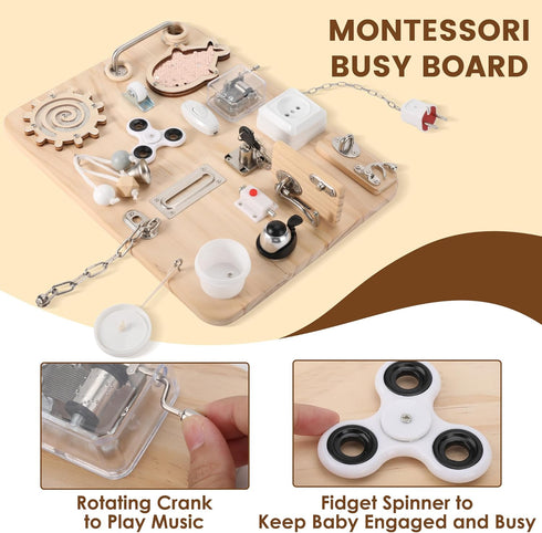 Pithfor Wooden Montessori Busy Board, Montessori Sensory Activity Board Toys for Kids Toddler Baby Boys Girls