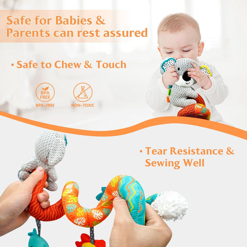 XIXILAND Car Seat Toys for Infants 0-12 Months, Developmental Stroller Toys with Dinosaur, Lion Mirror, Teether