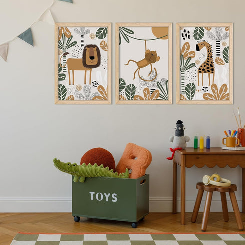 YWJKWLGS Set 3, 16x24 Inch Boho Safari Nursery Wall Art of Natural Solid Wood Framed Animal Print, Giraffe Monkey Lion