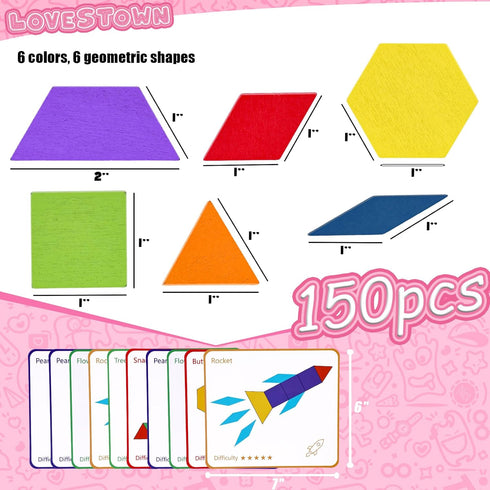 LovesTown 150PCS Wooden Pattern Blocks, Geometric Shapes Tangram Puzzles for Kids with Educational Cards