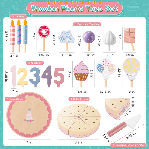 Set Birthday Party Cake Toys, Wooden Play Food for Kids Toddlers, Play Kitchen Toys for Boys Girls, Educational Toys