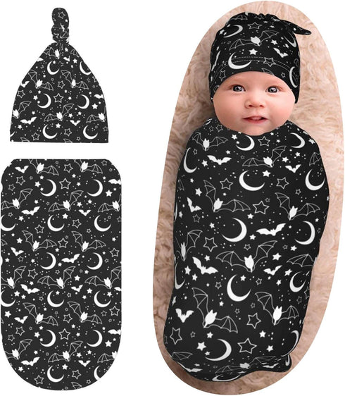 Goth Baby Stuff,Newborn Swaddle Blanket Black Baby Swaddle Blanket,Swaddle with Beanie Hat Set, Baby Stuff Newborn Receiving Blanket for Baby Boy Girl Swaddles Wrap for Babies