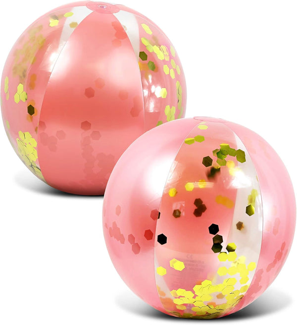 POZA Inflatable Beach Balls Set of 2, Elegant Glitter Confetti Floaters, Heavy Duty Vinyl Pool Toys for Beach Party