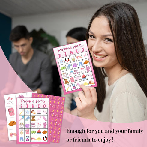 Pajama Party Bingo Game for 24 Players, Sleepover Bingo Cards Set for Family Activity, Holiday Supplies.
