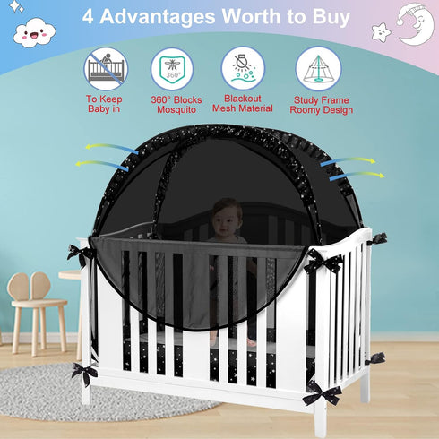 Crib Tent Safety Crib Net to Keep Baby in, Black Pop up Cribs Cover to Keep Baby from Climbing Out, Breathable Mesh
