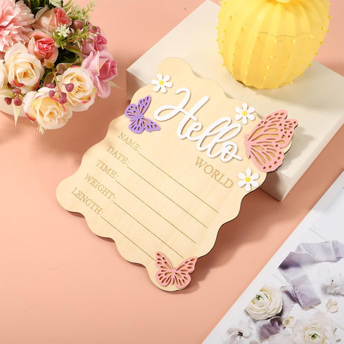 Lyreh Baby Announcement Sign, Rectangle Wooden Hello World Baby Sign with Flower and Butterfly Patterns Cute Delicate