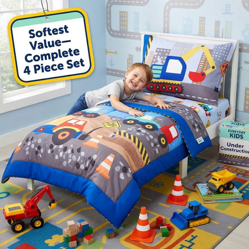 4 Set EVERYDAY KIDS Piece Toddler Bedding - Under Construction - Includes Comforter, Flat Sheet, Fitted Sheet