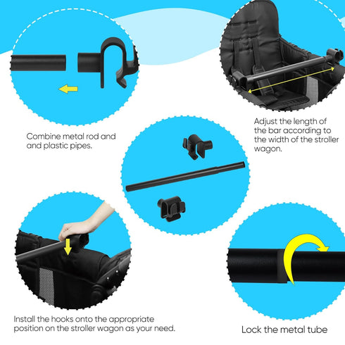 Universal Forward-Facing Stroller Wagon Support Bar,Length Adjustable Crossbar with Hook-Built in,Easy to Install