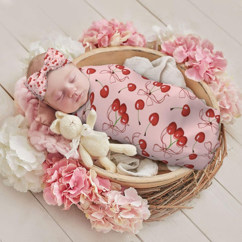 Midaivu Set 0-6 Cherry Swaddle Blanket for Newborns Baby Swaddle with Headband and Matching Hat New Born Coming Home