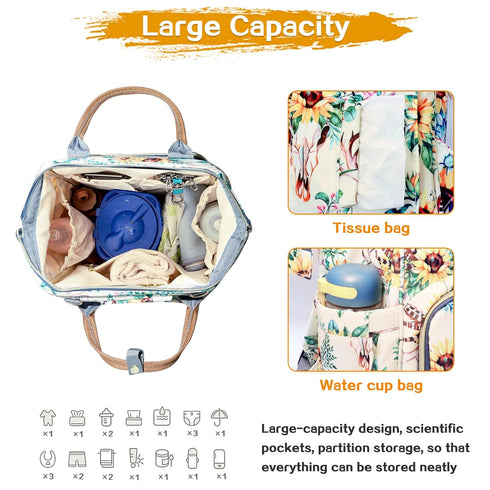 LIMHOO Backpack, Floral Diaper Bag Waterproof Baby Care Bag, Women Travel Baby Nappy Changing Bag (White)