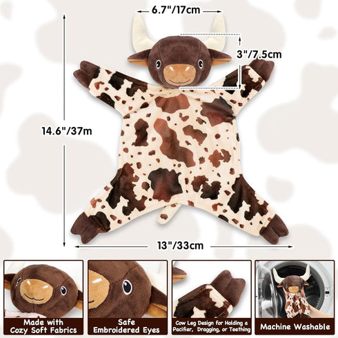 Longhorn Baby Security Blanket Lovey Baby Shower Cow Spotted Cowhide Print Stuffed Cow Snuggler First Birthday Unisex