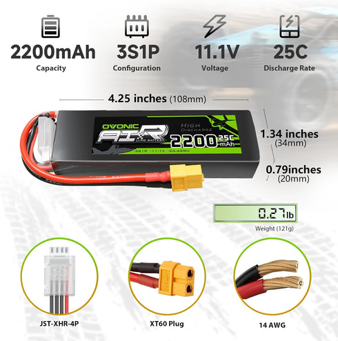 OVONIC 3S 25C 2200mAh 11.1V XT60 Boat(2 Packs) Lipo Battery Lipo Battery with Connector for RC Airplane Helicopter