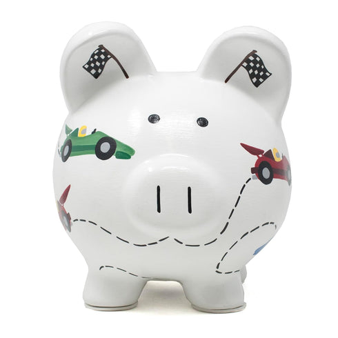 Child to Cherish Ceramic Piggy Bank - Vroom Race Car Design
