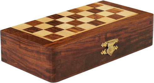 Classic Wood Magnetic Travel Chess Board Set - 7 X 7 Inch Folding Game Board Handmade in Fine Rosewood