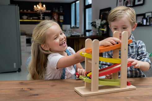 Jr. Ramp Racer Race Track for Toddlers with 4 Wood Cars, Race Car Ramp Set