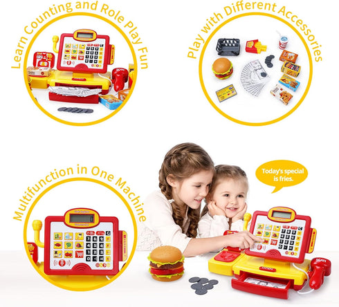 FS Toy Cash Register for Kids, True Barcode Scanner & Calculator, Pretend Play Shopping Set for Ages 3-8