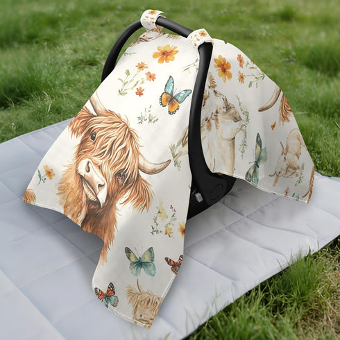 Dalzium Watercolor Highland Cow Cattle Butterfly Car Seat Cover Baby, Carseat Canopy Cover for Girl Boy, Breathable