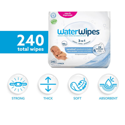 3-In-1 99.9% 240 Count (4 Packs) WaterWipes Sensitive+ Newborn & Baby Wipes, Cleans, Cares, Protects, Water, Unscented
