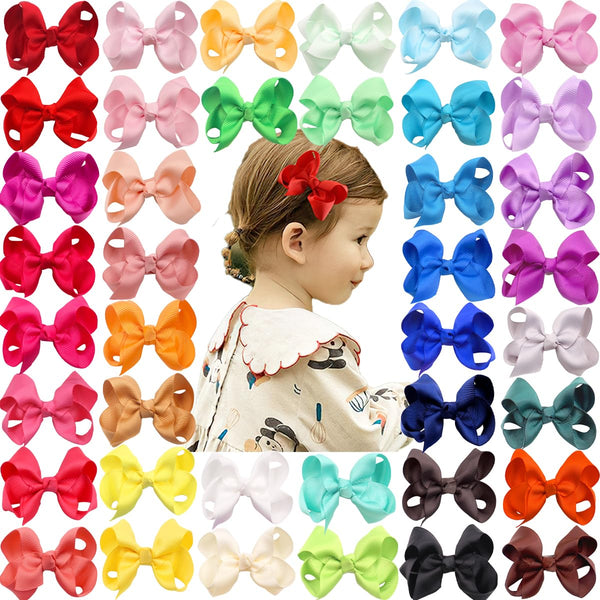 CÉLLOT 40 Pieces 3 Inch Hair Bows for Girls, Grosgrain Ribbon Boutique Clips for Teens Toddlers Kids