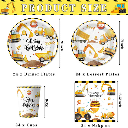 96PCS 24 Construction Birthday Party Supplies,Construction Party Decorations Includes Plates, Cups, Napkins, Truck