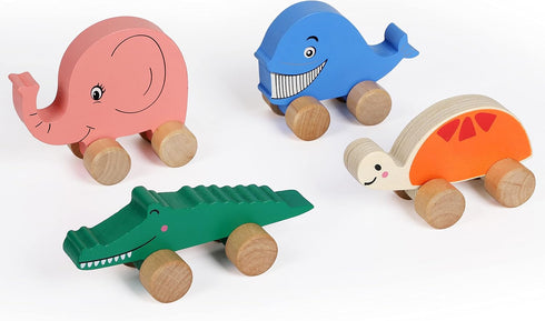 TOWO Wooden Cars for Toddlers, Animals on Wheels, Sensory Grasping Motor Skill Toy for Babies 12 Months+