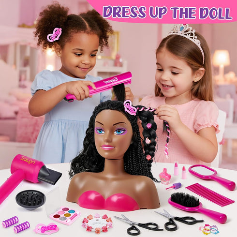 Cleboen 35PCS Playset 3 4 5 6 7 8+ Hair Styling Doll Head Makeup Kit for Girls Toys, Kids Hair Salon Pretend