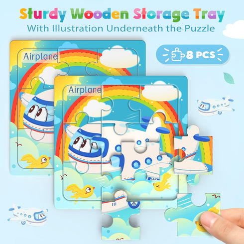 8 Pack Kids3-5, 9 Zeoddler Wooden Puzzles for Toddlers, Vehicle Jigsaw Puzzles for Pieces Preschool Learning