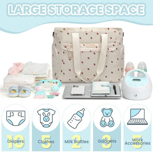 14 Inch Mommy Pritent Large Travel Diaper Bag Tote with Laptop Sleeve, Breast Pump Bag for Mom and Dad, Maternity