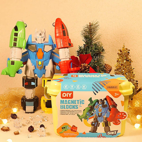 5-in-1 Magnetic Vehicles Playset Toy, Transform to Robot, Building Action Figures Kit with Storage Box, Gift for Kids