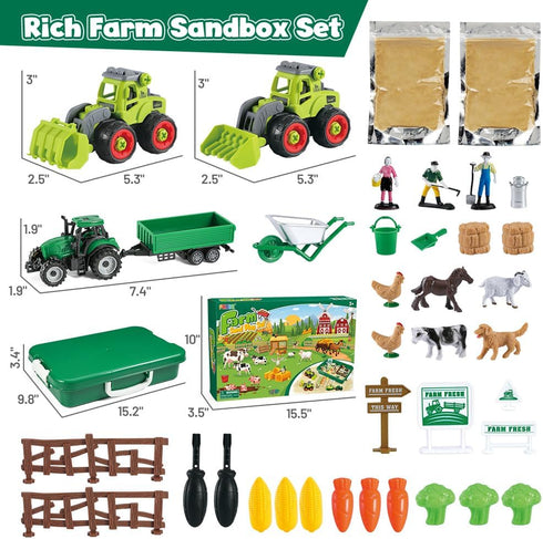 FRUSE Play Sand Farm Toys, Sensory Bins for Toddlers with 2.2lbs Sensory Play Sand, Farm Figures & Tractor Playset