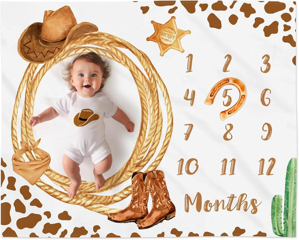 Cowboy Baby Milestone Blanket with Felt Horseshoe Frame Western Theme Cow Print