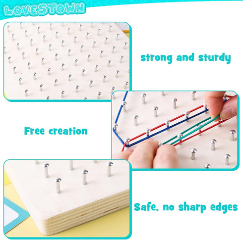 LovesTown Wooden Geoboard, Montessori Educational Toy 9x9 Graphical Geo Board with Rubber Bands for Kids