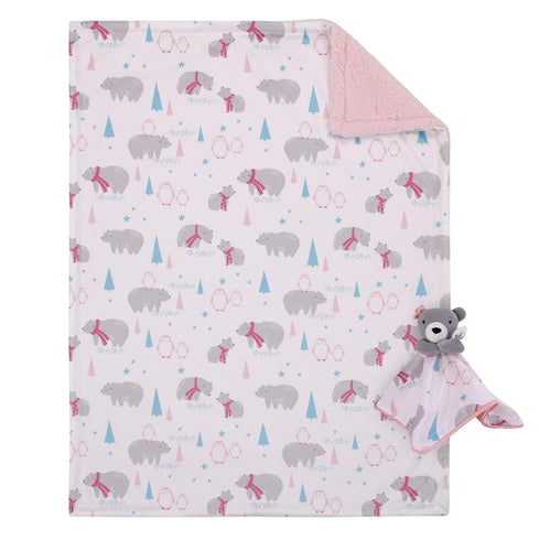 NoJo Girl Bear and Penguins White, Gray, Pink Super Soft Christmas Sherpa Baby Blanket and Security Blanket Set