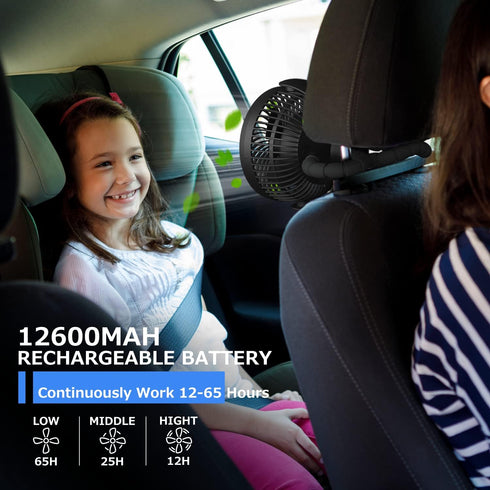 65Hrs 12600mAh Stroller Fan - Rechargeable, Timing Car Seat, Portable Clip On Battery Operated for Baby, Peloton