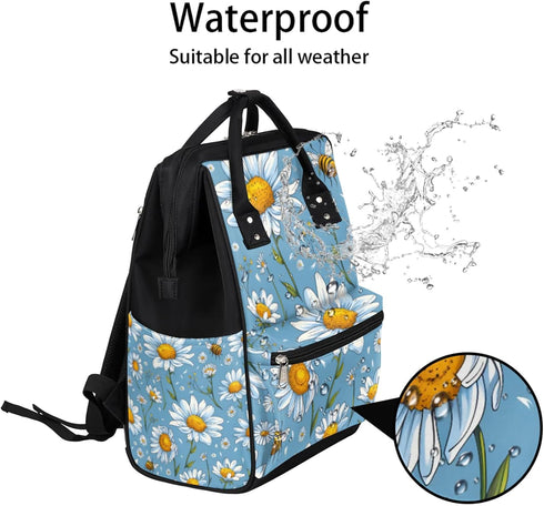 Hsnar Backpack Flowers Daisy Bees Waterproof Diaper Bag Large Capacity Baby Bag with Stroller Straps, Multi-Pocket
