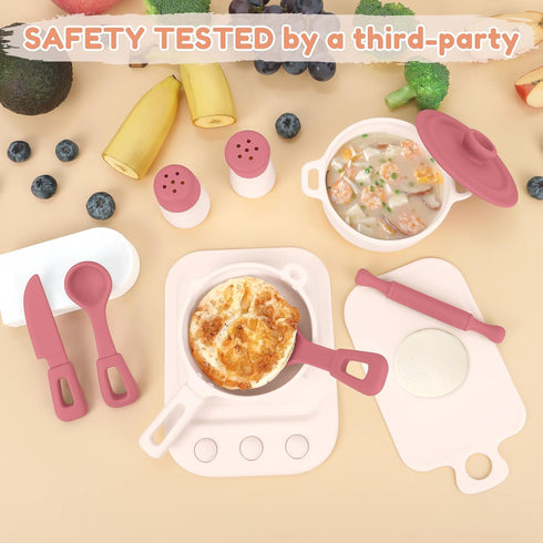 11Pcs Sets,Cooking Set 1-3,Pink TYRY.HU BPA Free Kids Play Kitchen Accessories Toy, Silicone Pretend Play Food Toys