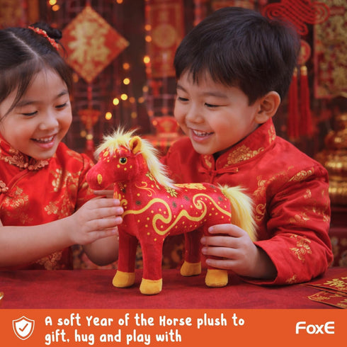 Set 2026 Set 100% 0-24 FoxE Year of the Horse Gift Born in - Bib, Beanie & Plush Toy Gift - with Chinese New Year Red