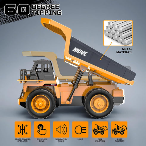 13-Channel 2.4GHz 3+ Remote Control Dump Truck Toy, Rc Construction Vehicles with Metal Bed & Light, RC Truck for Kids