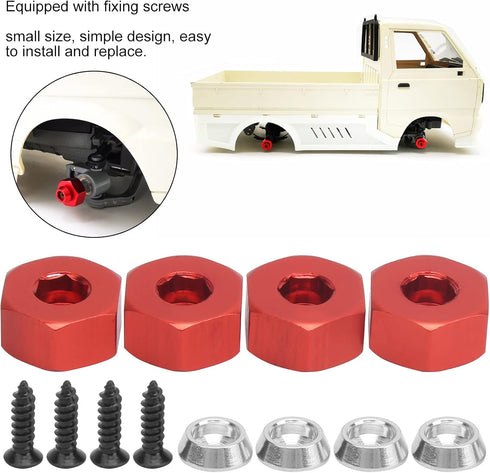 VGEBY 4pcs Wheel Hub Hex Adapter, 5mm to 12mm Hex Combiner for D12 1/10 RC Trucks (Red) Car Model Accessory