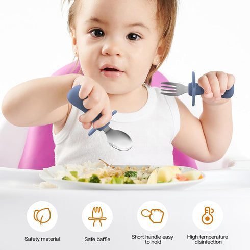 2 Pcs Toddler Utensils Forks and spoons set, Stainless Steel Childrens Silverware for Safe flatware Metal Kids Cutlery set with Round Handle, BPA Free, Anti-Choke Design (Dark Blue) by SFCCMM