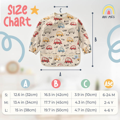 6-72 ARI MES Waterproof Long Sleeve Baby Bib for Eating-Dinosaur Pattern, Small-Toddler Smock with Catch-All Pocket