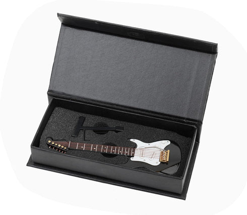 Dselvgvu Wooden Miniature Electric Guitar with Stand and Case, Dollhouse Model Birthday Present (Black,
