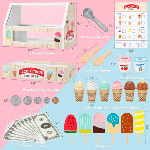 Counter 3 4 5 6 ZJEFUNS Wooden Ice Cream Toys for Kids Ice Cream Shop for Toddlers Pretend Play Food Scoop and Serve