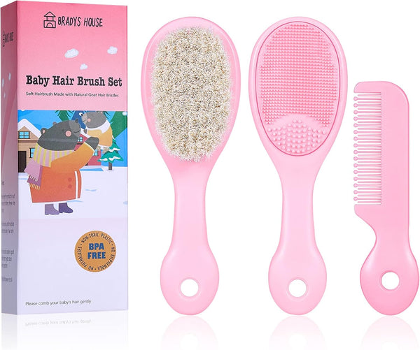 3 Piece Baby Hair Brush and Comb Set for Newborns and Toddlers, Pink