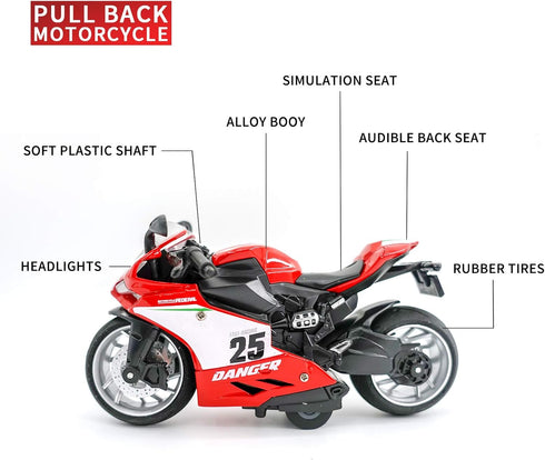 Pull Back Motorcycle Model - 1:12 Scale Toy Motorcycle with Light and Music Gift for Children (Red) Boys and Girls
