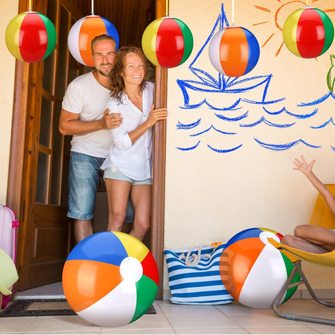 Maitys 12 Pieces Rainbow Beach Ball Decoration - Inflatable Pool Ball with Hanging Rope for Summer Parties