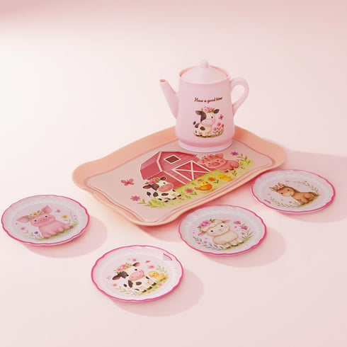 Set 47PCS Sets 3-5 Lajeje Pink Barn Tea Party for Little Girls, Farm Animal Pretend Play Tea Time Kit, Tea for Toddlers