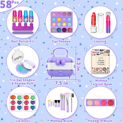 Hollyhi 58 Pcs Kids Makeup Kit for Girl - Real Washable Cosmetic Set with Mirror, Princess Toys, Play Make Up Birthday